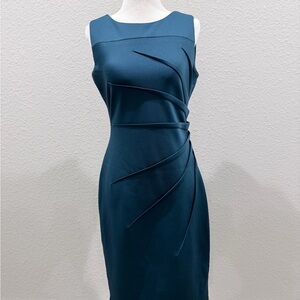 Calvin Klein Sleeveless Teal Sheath Dress with Sculpted Draping